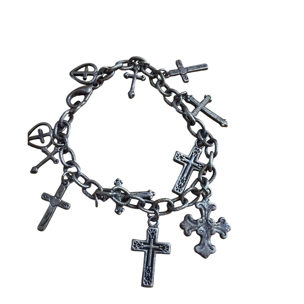 Vintage Style Silver Tone Multi Cross Heart Charm Bracelet Chunky Link